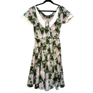 Retro Style Green‎ Floral Print Dress Size 10 Circle Skirt Pin-up Rockabilly
